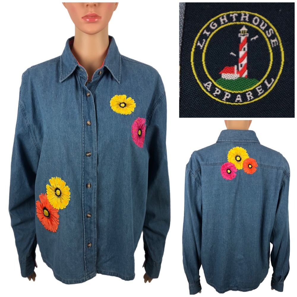 Lighthouse Womens Medium Denim Shirt Floral Boho Western Blue 100% Cotton